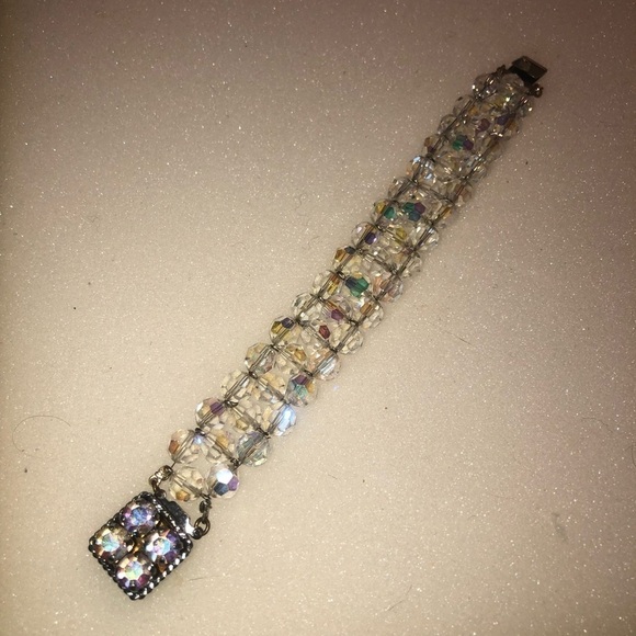 Vtg Aurora Borealis Beaded Glass Bracelet Slide Clasp 7” - Picture 2 of 6